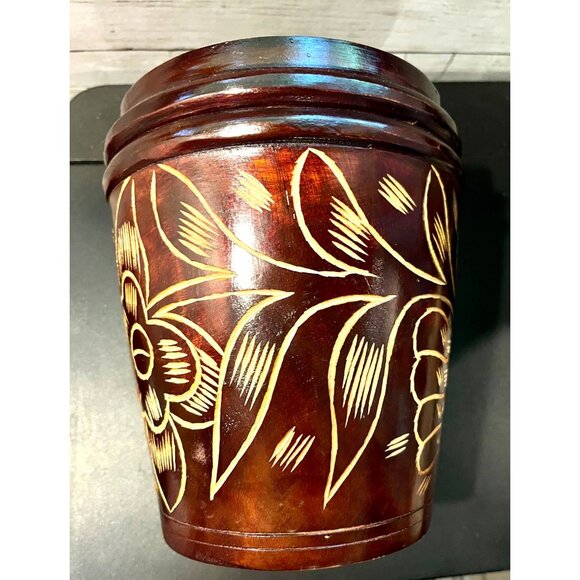 Indonesian Hand Carved Wooden Urn/Jar with Lid - Picture 5 of 8